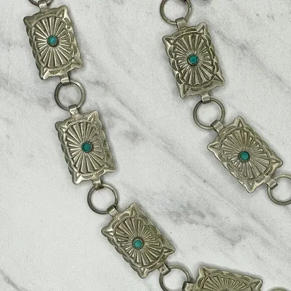 Vintage Faux Turquoise Stamped Concho Chain Belt Silver Tone XS/Small (XS/S) ✨ - Picture 9 of 14